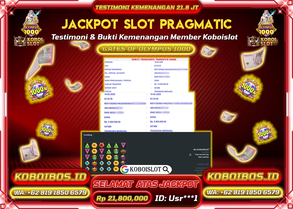 BUKTI KEMENANGAN ID Usr***1 SLOT GACOR GATES OF OLYMPUS 1000 Rp21.800.000,- LUNAS